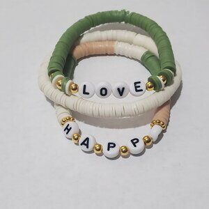 Handmade Polymer Clay Word Bead Bracelet Set – “LOVE” & “HAPPY” Stack